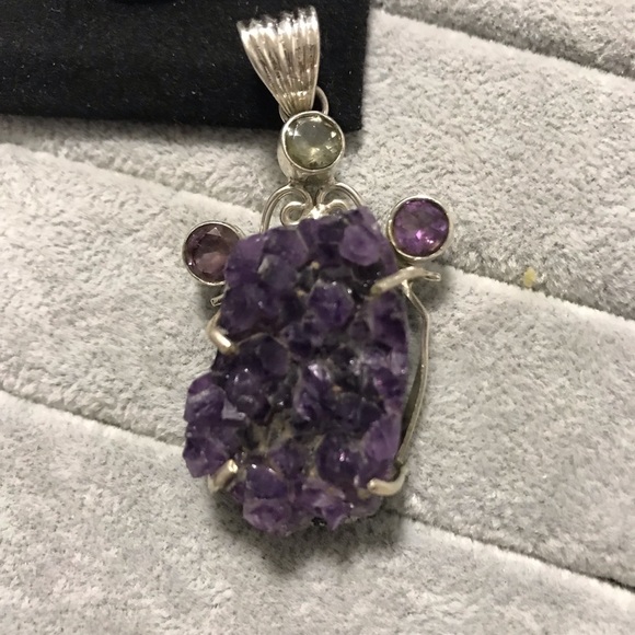 New Sterling Silver Large Purple Amethyst Druzy Pendant Green Accent Crystal Gem - Picture 2 of 14